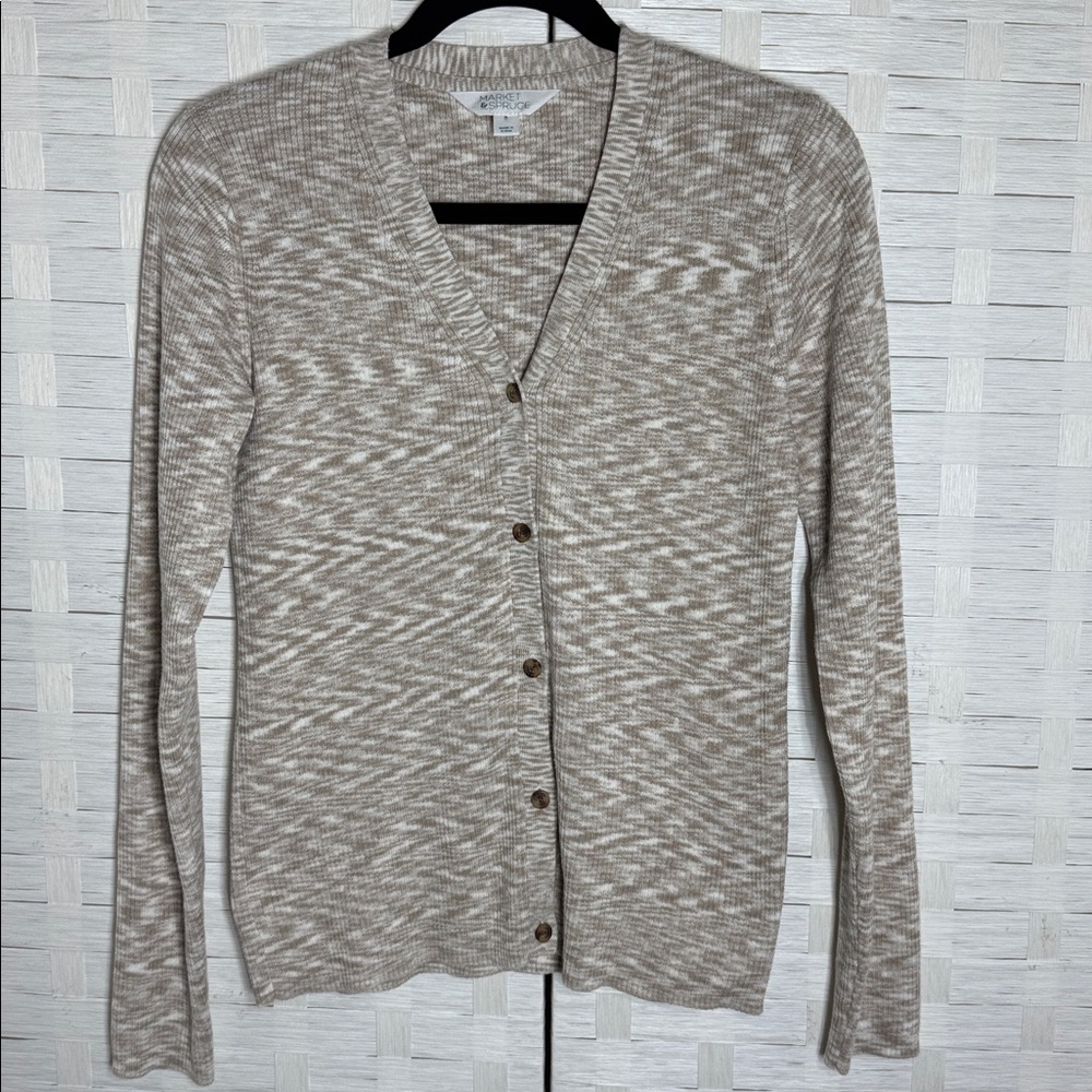 Market & Spruce Marbled Tan & Cream V-Neck Button Down Cardigan Size Medium - Picture 2 of 9
